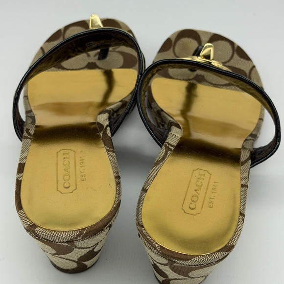 Coach Brown Signature Jacquard Thong Sandals with Gold Medallions - Picture 9 of 9